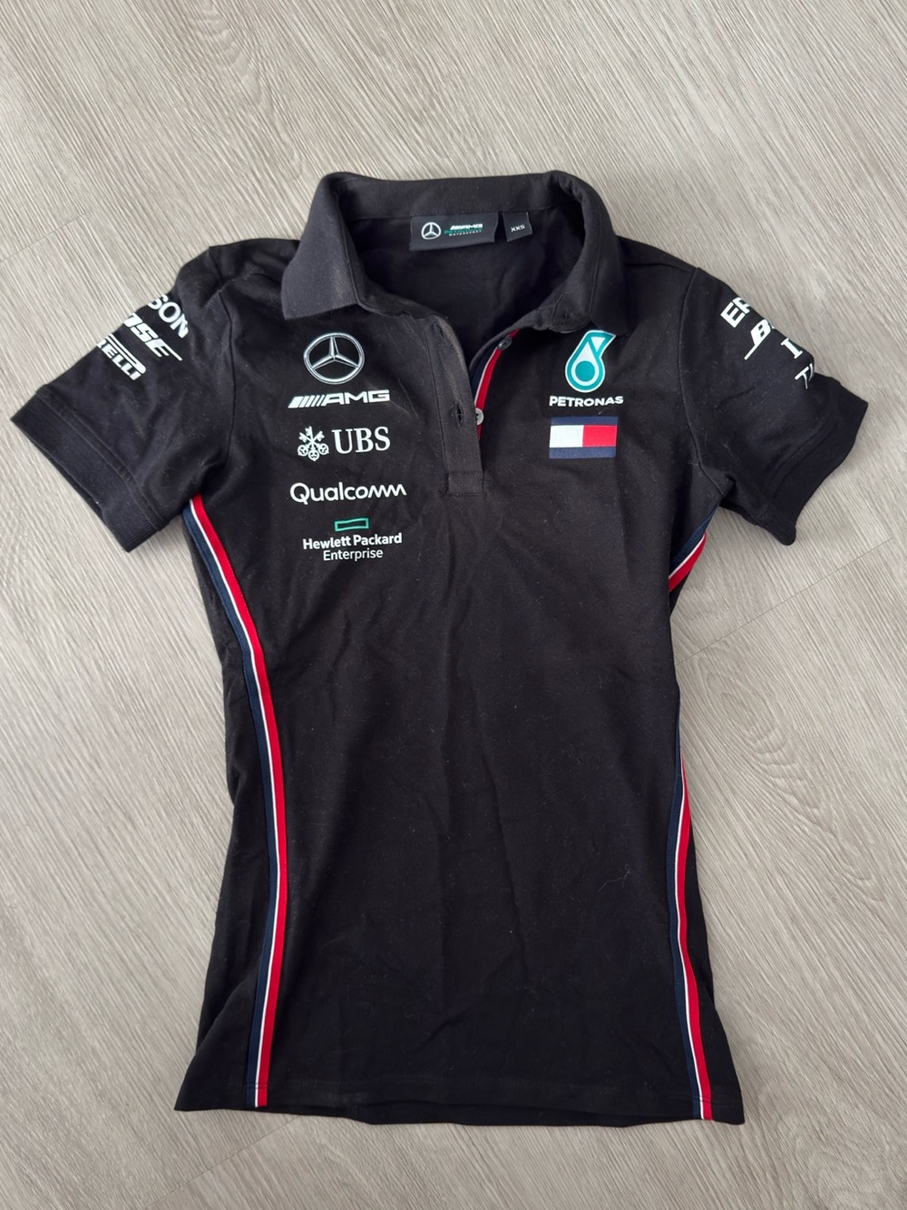 Mercedes AMG Petronas Black Short Sleeve Team Polo with Red & White Trim